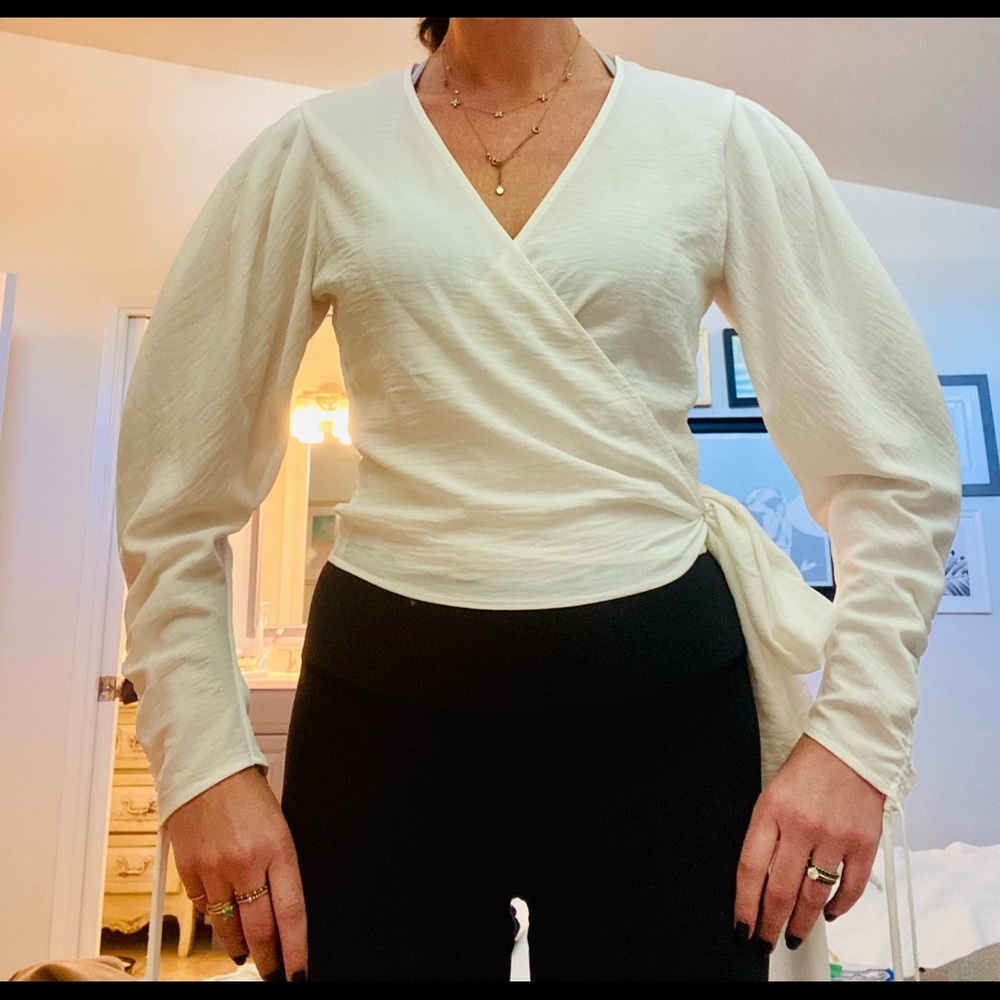 ASOS white wrap shirt with ruched sleeves